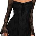 SOLY HUX Women's Lace Mesh Flare Long Sleeve Mini Dress Ruffle Flowy Party Cocktail Dresses (Large, Pure Black)