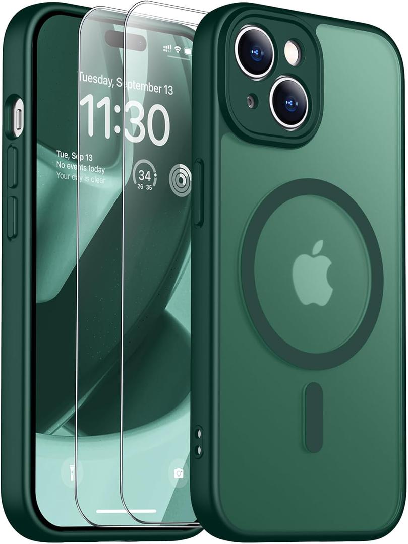SPIDERCASE for iPhone 15 Case, Magnetic Translucent Matte Case with 2PCS Tempered Glass Screen Protector Slim Phone Case for iPhone 15 6.1'', Forest Green