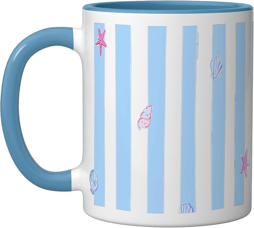Seashell Preppy Striped Coastal Blue Stripes Ceramic Mug, Blue/White