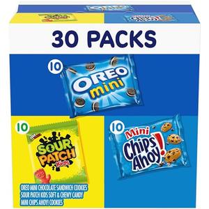 Nabisco Cookies & Candy Variety Pack, SOUR PATCH KIDS Candy, OREO Mini Cookies, and Mini CHIPS AHOY! Cookies, 30 Snack Packs, Best By 03-Sep-2025