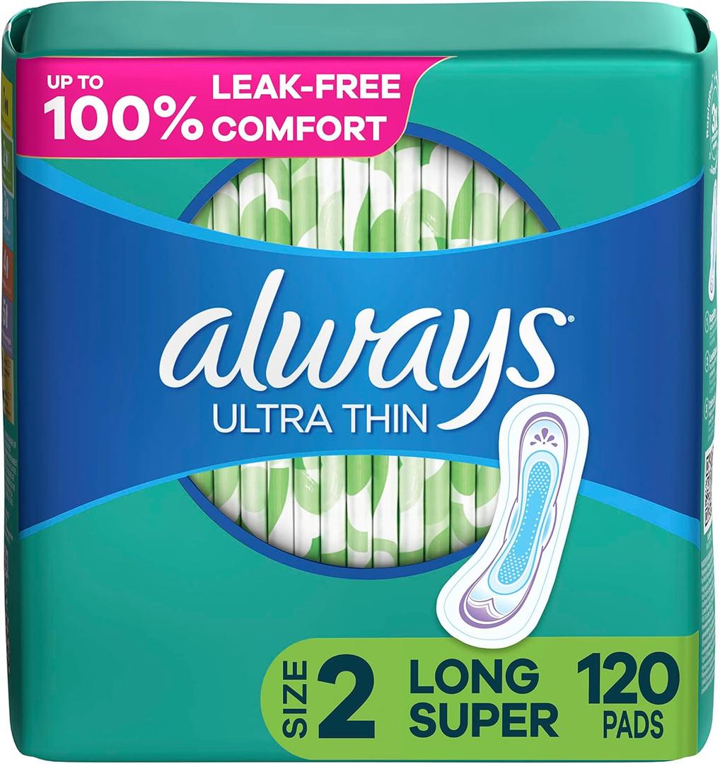Always Ultra Thin Feminine Pads without Wings for Women, Size 2, Long Super Absorbency, Unscented, 40 Count x 3 Pack (120 Count total) (Packaging May Vary)