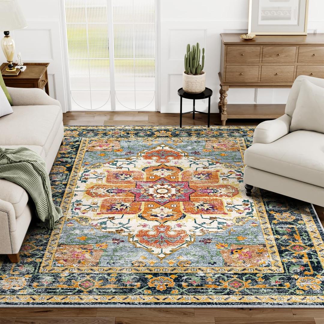 Eleisa 8x10 Area Rugs for Living Room, Orange & Navy Blue, Machine Washable Low Pile Area Rug, Stain Resistant Vintage Home Decor Rug for Bedroom, Dining Room, Home Office