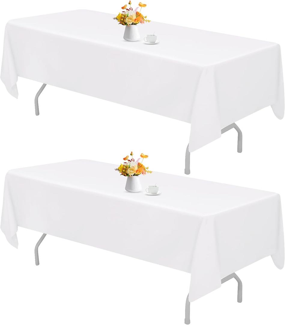 2 Pack 60 x 84 Inch White Rectangle Tablecloth for 6 Foot Table Washable Reusable Outdoor Polyester Fabric Decorative Table Cover for Dining, Buffet, Camping, Baby Shower, Party