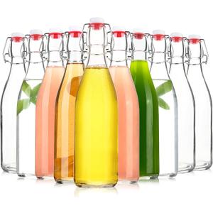Clear Glass Bottle with Swinging Top for Airtight Lids, 16oz 10 Pack Beer Bottles with Flip Caps, Home Brewing and Fermentation Kombucha, Vanilla Extract, Beverage, Water, Kefir