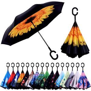 Inverted Umbrella, 49 Inch Double-Layer Vented Reverse Umbrella, Windproof Waterproof UV Protection, Lightweight C-Handle, Fiberglass Ribs, Steel Shaft, Travel/Commute/Car Use, With Sleeve (Yellow Daisy-1)