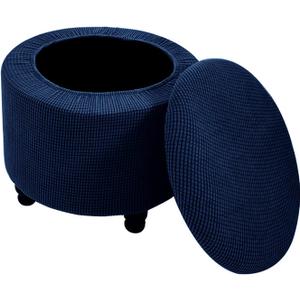 Round Ottoman Cover with Storage 2-Piece Stretch Stool Slipcover Soft Footstool Protector Covers Removable Washable Storage Stool with Cover Lid Folding Stool Covers for Home Decor (Navy Blue)