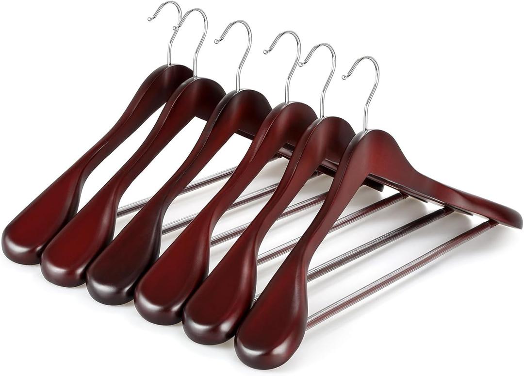 TOPIA HANGER Wide Shoulder Wooden Hangers, Suit Hangers with Non Slip Pants Bar & 360 Swivel Hook, Solid Wood Heavy Duty Coat Hanger, 6 Pack (Matte Cherry)-CT02C