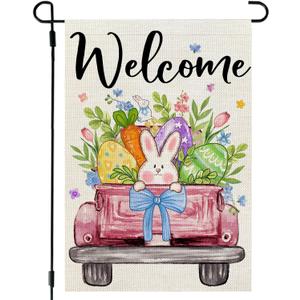 2 x CROWNED BEAUTY Easter Garden Flag Eggs Bunny Truck 12x18 Inch Double Sided Holiday Decoration for Outdoor Lawn Yard
