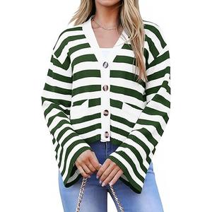 Saodimallsu Womens Striped Cardigan Sweaters Cropped Fall Button Open Front Long Sleeve Knit Sweater Coat with Pockets L
