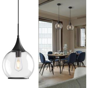 Pendant Lights Kitchen Island: Matte Black Light Fixture Farmhouse with Clear Glass - 10 Inch Mid Century Globe Kitchen Lighting Fixtures Ceiling for Dining Room