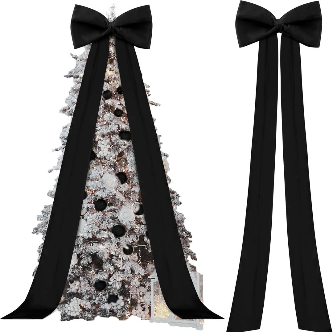 Extra Large Christmas Tree Topper Bow 118x28 Inch Giant Bow with Long Streamers Huge Decorative Oversized Wrapping Gift Decor for Xmas Tree Holiday Party Wedding Arch(Black,Satin)