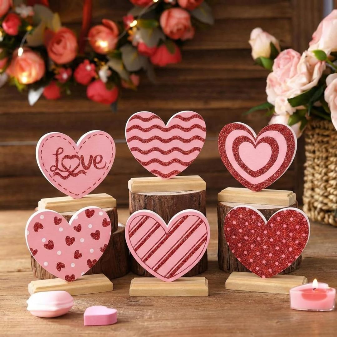 Yousoontic 6 Pcs Valentine Day Decorations Wooden Heart Signs Table Decor Vintage Red Pink Heart Table Centerpieces Farmhouse Home Kitchen Valentine Gift Tiered Tray Decor for Home Office Mantel