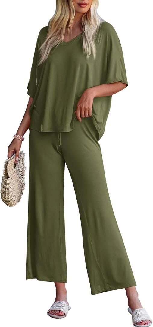 Tankaneo Womens 2 Piece Outfits Sets Short Sleeve Wide Leg Cropped Pants (L)