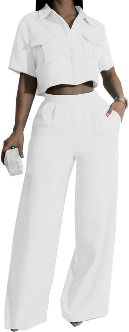 Women's Casual Tops Pants Two Piece Matching Sets Outfits (White)