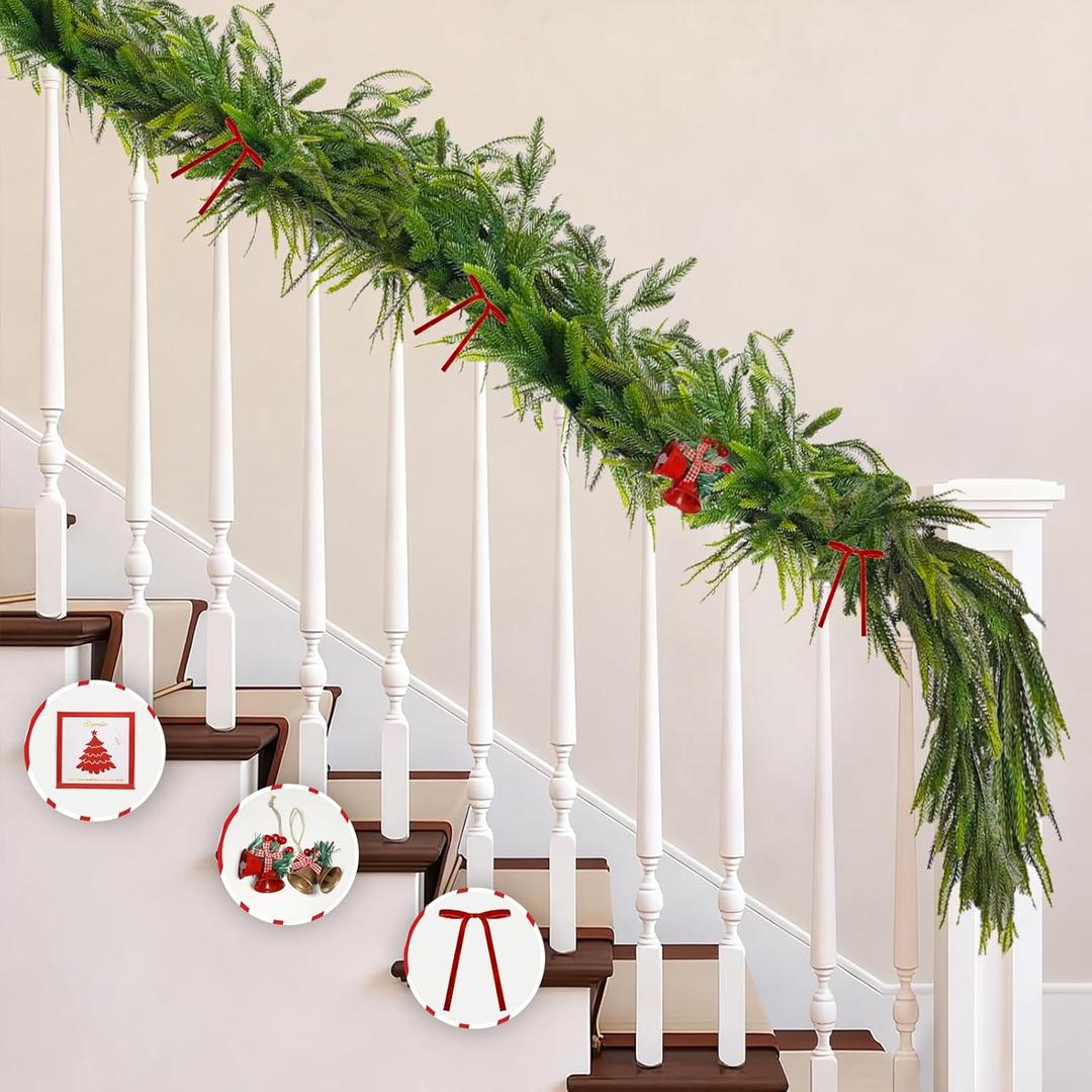 9ft 3.26lbs Christmas Norfolk Pine Garland,Realistic Winter Faux Pine Garlands,Artificial Christmas Decorations for Indoor Outdoor,Real Touch Greenery Garland for Mantel,Fireplace,Table Xmas Decor