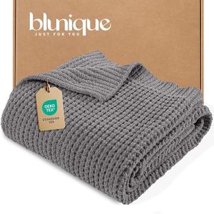 blunique Waffle Knit Twin Blanket, Luxury Cozy Chunky Knit Twin Blanket for Couch, 60 x 80 Inch Thick Ultra-Soft Feather Yarn Knitted Blankets for Sofa, Bed, Home Decor - Grey