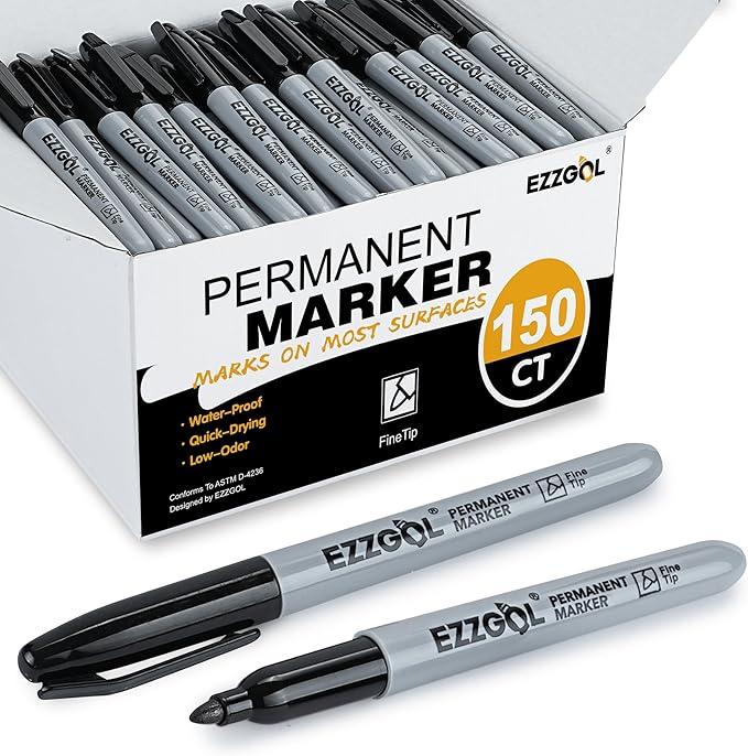 Ezzgol Permanent Markers Bulk, 150 Pack Fine Tip Black Permanent Markers, Waterproof Markers, Premium Smear Proof Pens, Quick Drying, Office Supplies for School, Office, Home