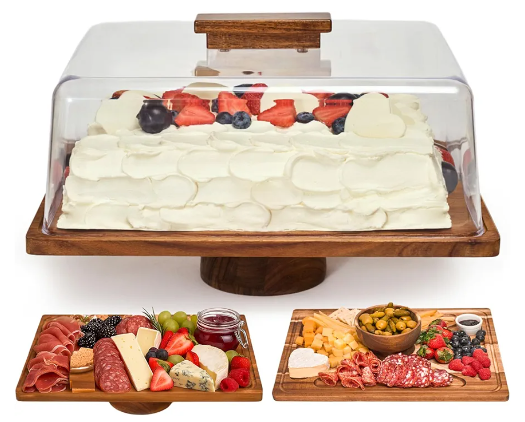 Acacia Wood Cake Stand with Lid –2-in-1 Rectangular Charcuterie Board & Dessert Display, Shatterproof Acrylic Dome Cover for Freshness, Serving Platter for Parties, Weddings, Birthdays, Gifts