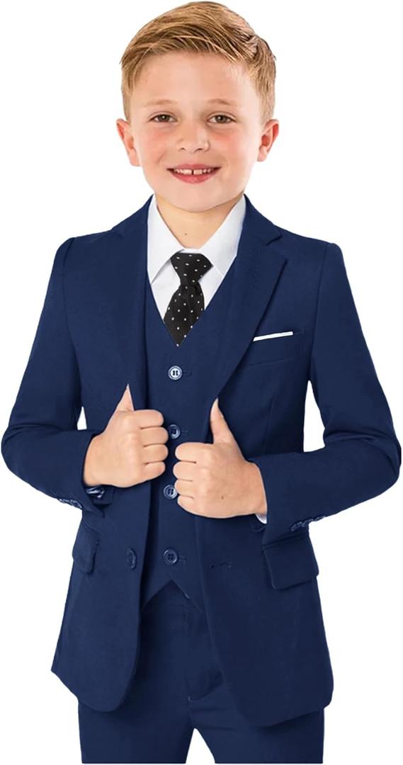 Boys Formal Suit 5 Piece Set, Toddler Tuxedos for Wedding, Suits for Teens Boy Dress School Clothes (8, Navy Blue)