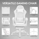 White Gaming Chair,Computer Office Chair with Footrest,Massage Lumbar Support and Gel Pad,Ergonomic Reclining Adjustable Leather Gamer Chair with Headrest and Spring Cushion White