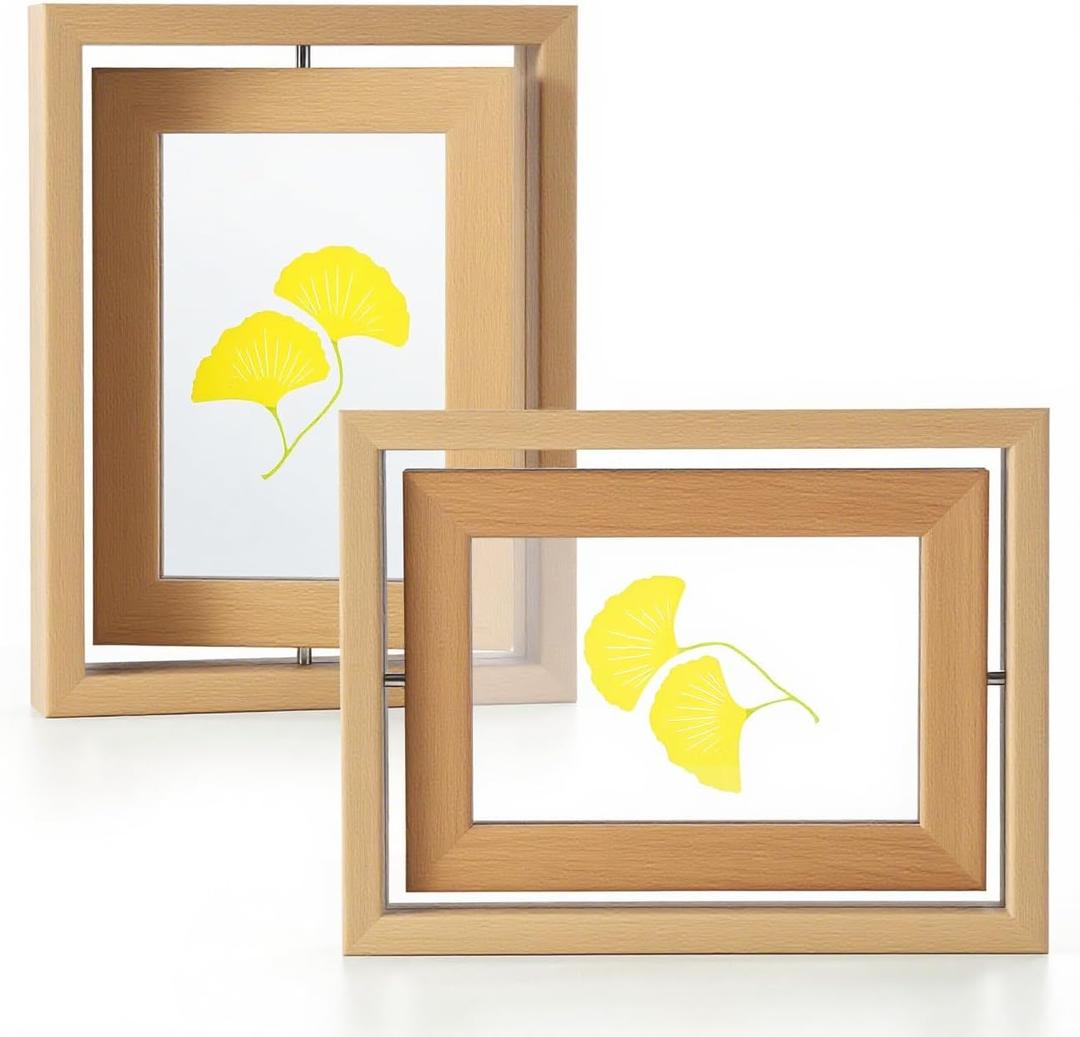 2 Pack 4x6 Rotating Floating Picture Frames, Natural Wood Floating Photo Frame Double-Sided Display with Crystal Glass for Tabletop, Desk or Shelf