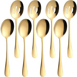 8-Piece Serving Spoon Set Gold - 4 Serving Spoons and 4 Slotted Spoons, Large Cutlery for Catering Buffet,Festival Kitchen Utensils, Dishwasher Safe, 8.7 Inches
