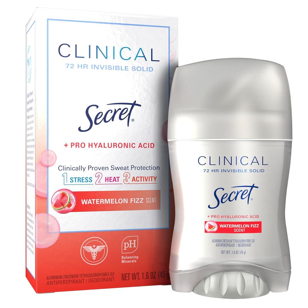 Secret Clinical Strength Antiperspirant Deodorant for Women, 3X Stress Protection, 72hr Sweat & Odor Protection, Pro-Hyaluronic Acid, Invisible Solid, Watermelon Summer Fizz Scent, 1.6 oz