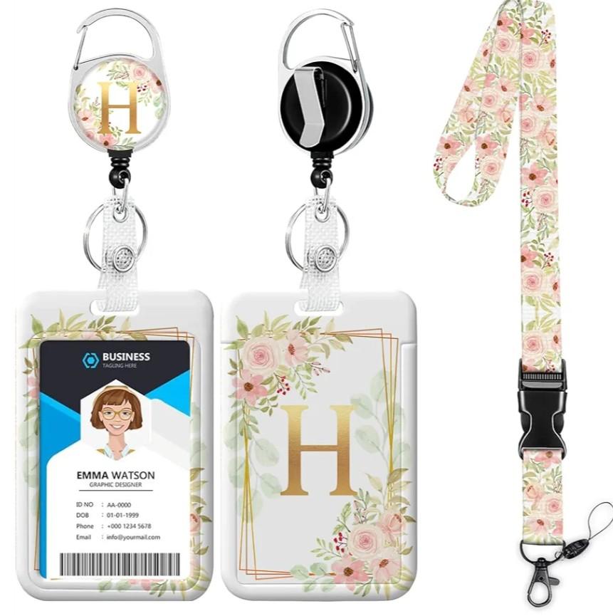 Letter H Lanyards for ID Badges,Floral Badge Holder with Lanyard Badge Reel Retractable Keychain ID Name Tag Work Badge Clip for Teacher Women Work Office, Pack of 3