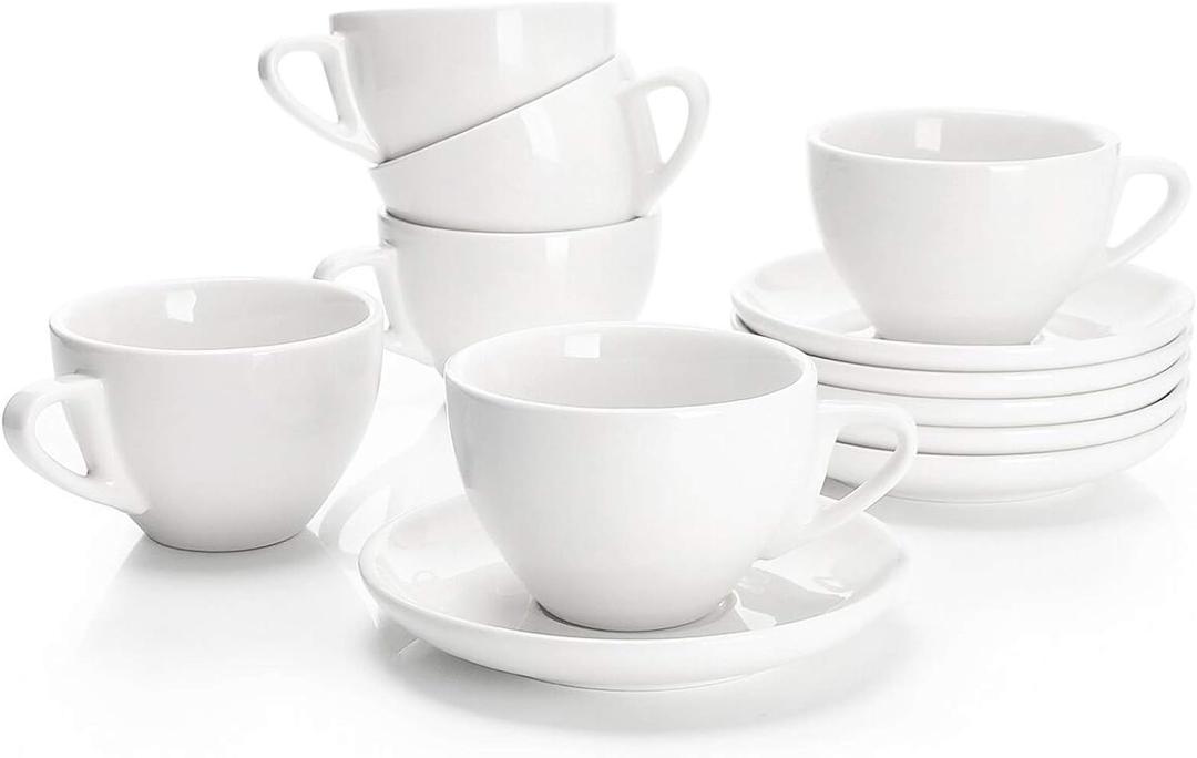 Sweese 6 Ounce Cappuccino Cups with Saucers, Porcelain Double Espresso Cups Set of 6 - White