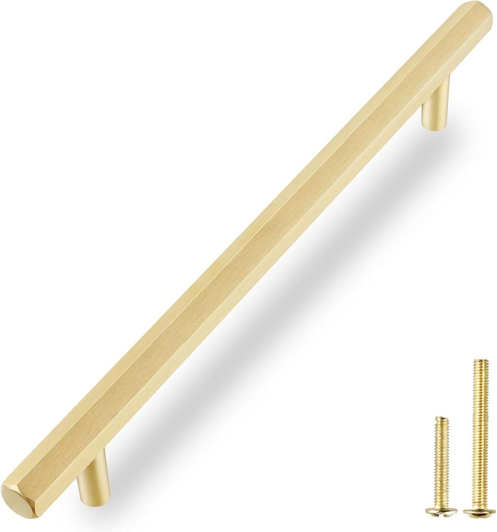 QOGRISUN 2-Pack Solid Brass Cabinet Pulls Hexagon Drawer Handles,7-9/16-Inch Hole Center, Suitable for Kitchen Bathroom Dresser Cupboard Hardware, 10-Inch Total Length, Brushed Finish