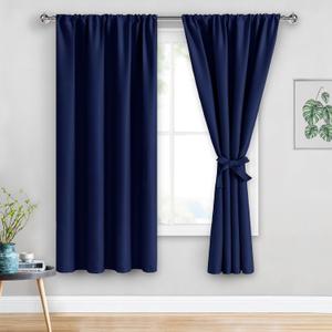 JIUZHEN Blackout Curtains for Bedroom Thermal Insulated,Noise Reducing Room Darkening Drapes for Living Room, Rod Pocket Curtains with Tiebacks, Set of 2 Panels, 42 x 63 Inch Length, Navy Blue