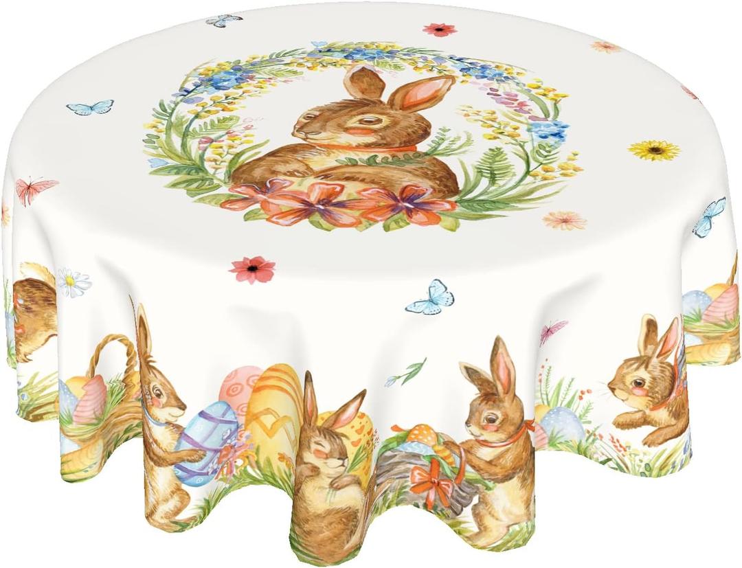 Kawani Easter Bunny Round Tablecloth 60 Inch Spring Summer Floral Butterfly Table Cloth Farmhouse Polyester Table Cover Decorative for Easter Holiday Indoor Outdoor Kitchen Dining Party