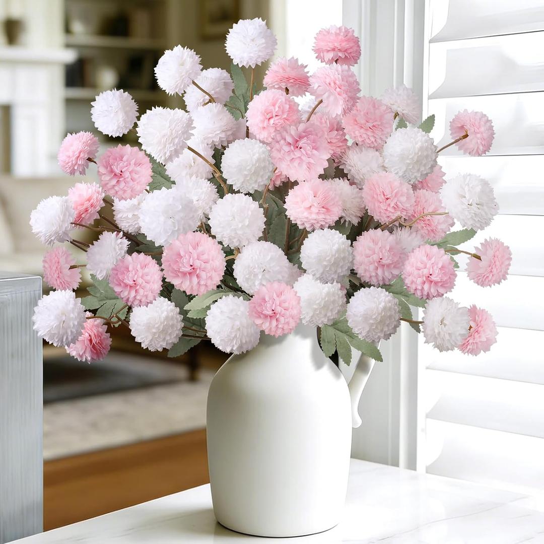 INQCMY Artificial Flowers 12 Pcs Fake Chrysanthemums Faux Kiku Flower Long Stem 20" Realistic Silk Pompon Mums for Vase Wedding Bouquets Centerpieces Home Decor (White Pink)