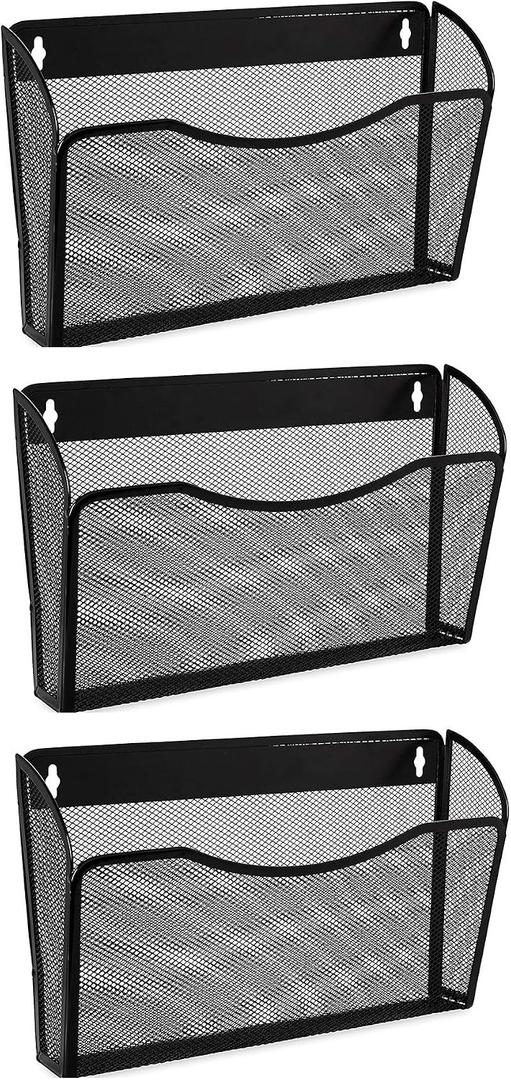 3 Single Pocket Mesh Hanging File Organizer, Vertical Wall Mounted Magazine File Holder, Mount Basket Mail Paper Document Folder Organizing for Office, Home and School, Black