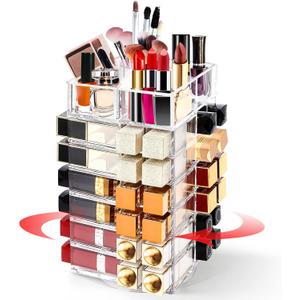 Acrylic Lipstick Tower Holder, 360 Degree Rotating Makeup Cosmetic Lipsticks Organizer with 53 Slots, Spinning Lipgloss Storage Display Stand Holder