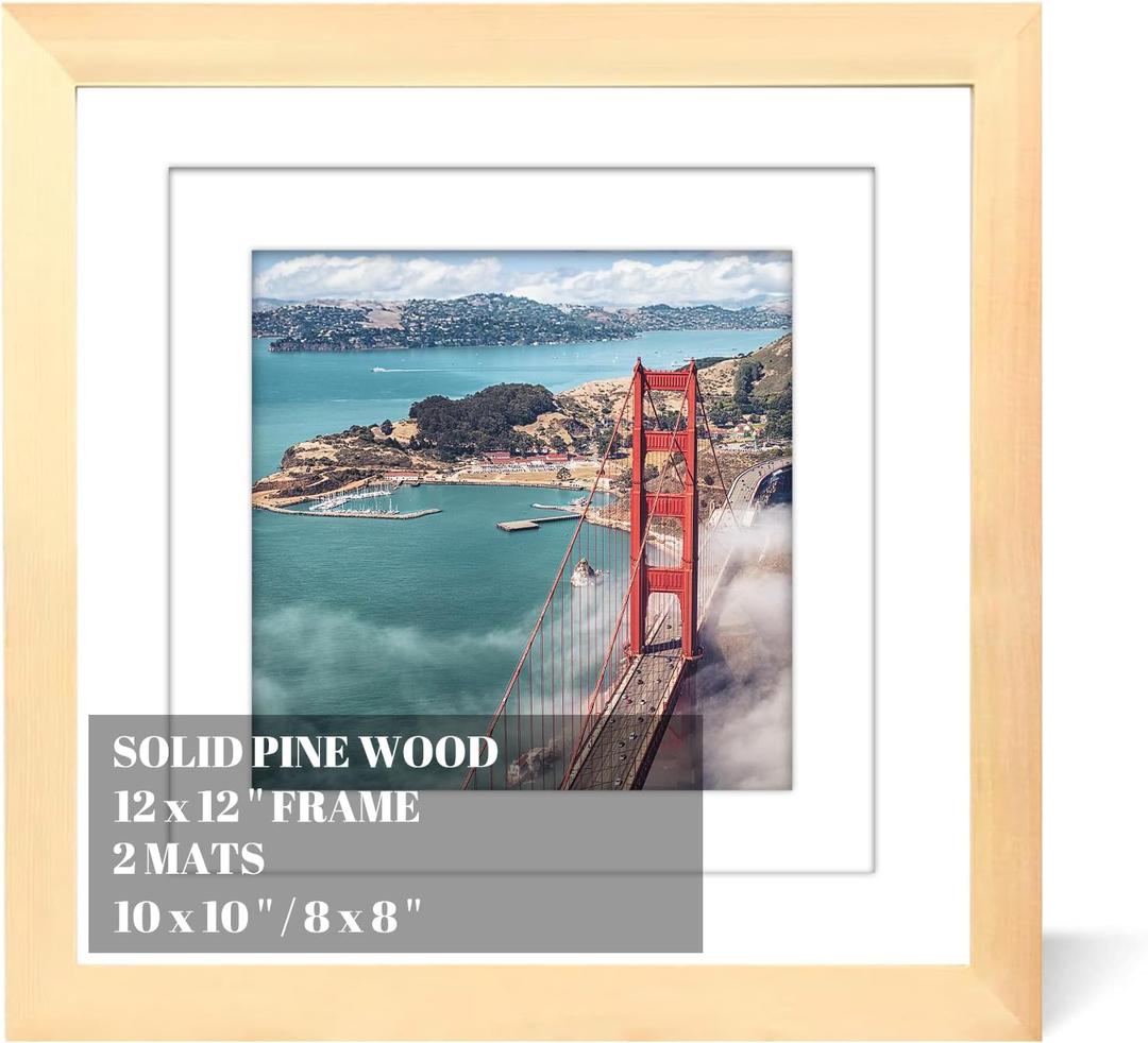 12x12 Wood Picture Frames for Wall Hanging or Tabletop,Diamond Painting Frame Baby Scan Picture Frames with 2 Mats Display 8x8 or 10x10 for Family Walls (Natural)