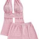 MakeMeChic Women's 2 Piece Y2K Outfits Summer Beach Knitted Backless Halter Tops and Micro Mini Shorts Set (Medium, Pink)