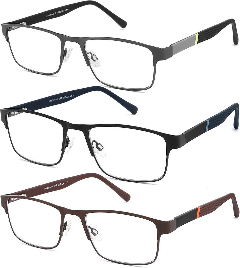 3-Pack Reading Glasses for Men Blue Light Blocking Trendy Metal Frame Computer Readers with Spring Hinges Anti Eye Strain/Glare Uv Ray Filter Eyeglasses(+1.0 Magnification Strength)