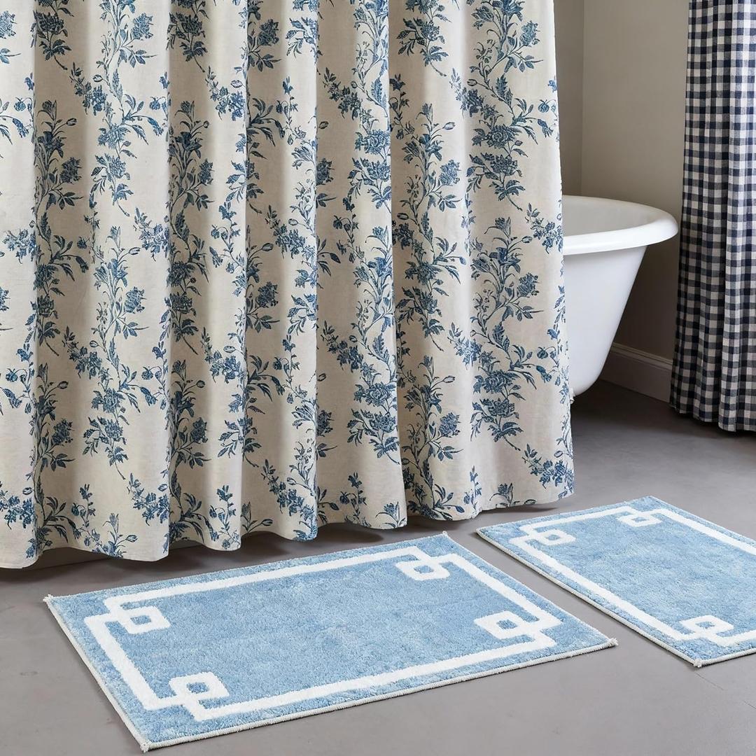 Lounsweer 3 Pcs Blue Shower Curtain Set with Non Slip Cotton Bathroom Rugs Floral Cotton Linen Cottagecore Shower Curtain for Bathroom Farmhouse Hotel Tub Decor 72 x 72