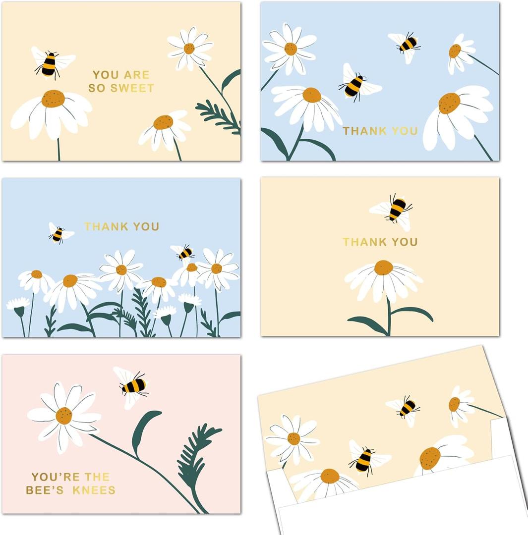 Gooji 4x6 Bee & Dasiy Gold Foil Thank You Cards (Bulk 20-Pack) Matching Peel-and-Seal Envelopes | Assorted Set, Watercolor, Birthday Party, Baby Shower, Weddings, Greeting, Blank Notes