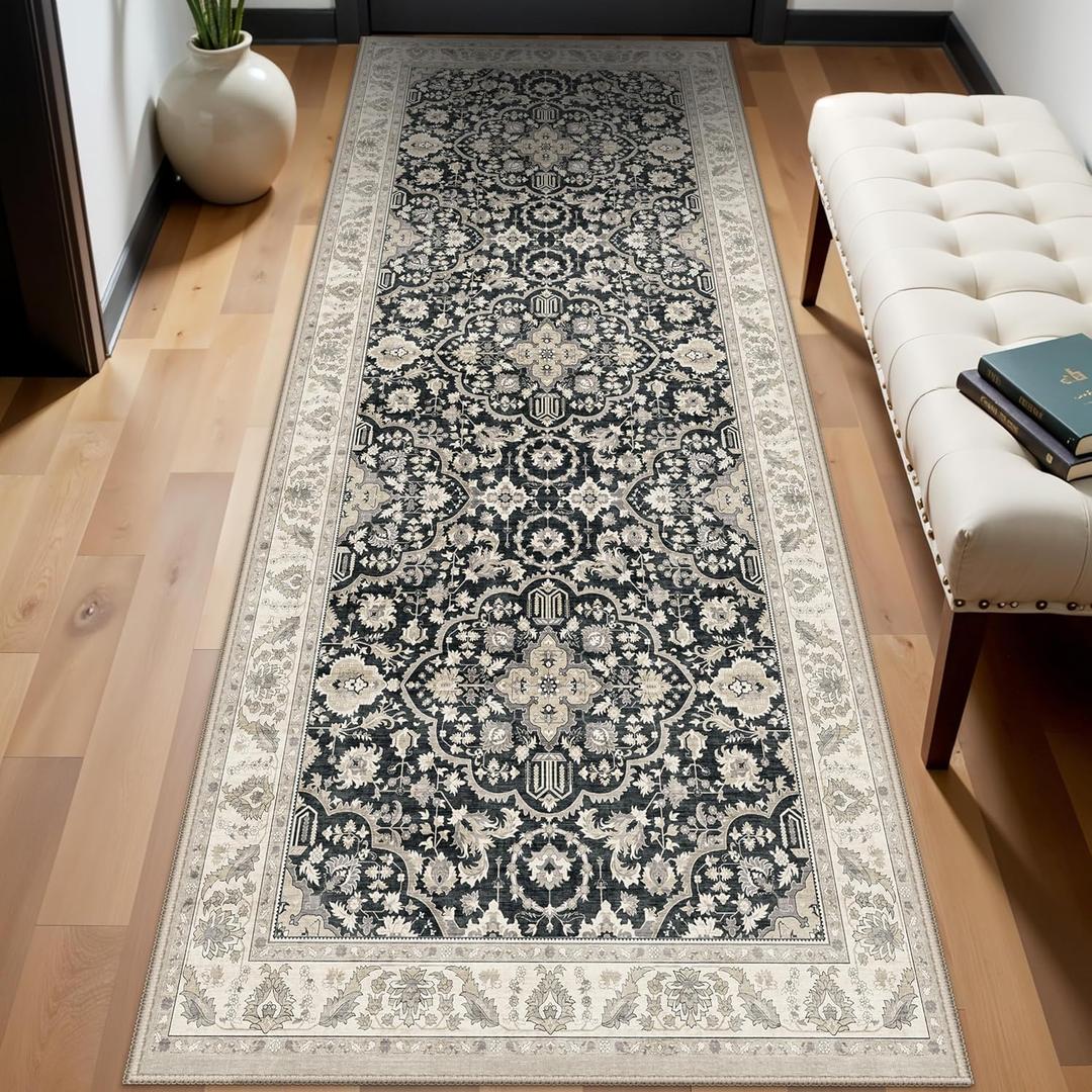 Washable Runner Rug 3x8 for Hallways: Kitchen Rugs Non Slip Carpet - Soft Vintage Farmhouse Runners for Entryway Bedroom Dining Room - Stain Resistant Mat for Laundry Room Bathroom Black Beige