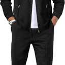 Men's Waffle Tracksuit 2 Pieces Set Casual Long Sleeve Zip Up Sweatsuits Solid Athletic Jogging Suit Sets (Black, S)