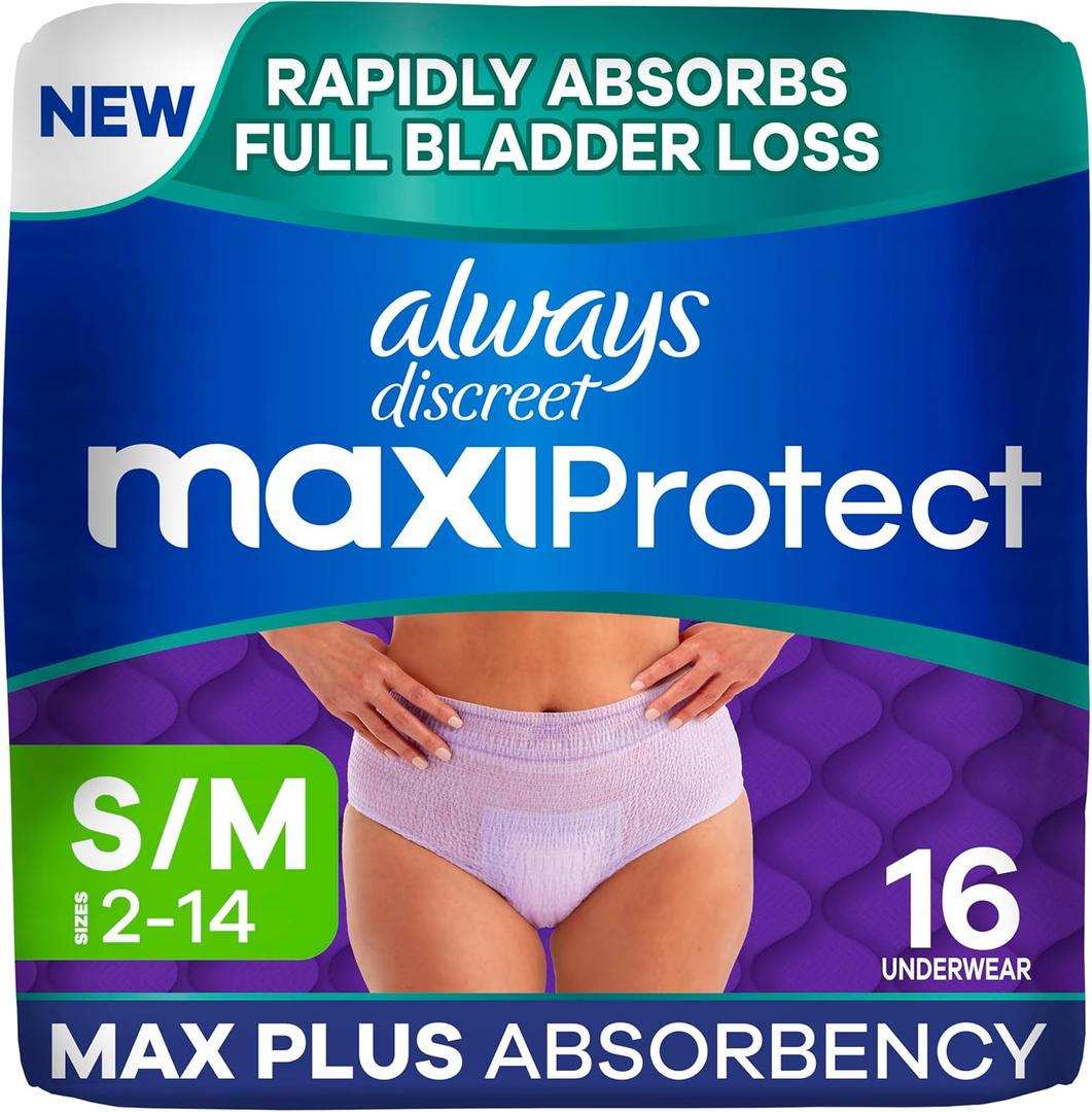 Always Discreet MaxiProtect Adult Diapers for Women, Incontinence Underwear, Scented, Postpartum Essentials, Bladder Leak Protection, Disposable Briefs, Maximum Plus Absorbency, Size S/M, 16 Count
