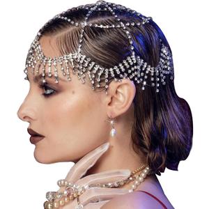 NAISKA 1920s Headpieces Rhinestone Mesh Cap Headchain Wedding Head Accessories Crystal Headband Brides Prom Costume Head Chain Vintage Style Festival Halloween Prom Costume Hair Accessories (Silver)