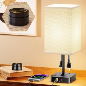 Remote Control Bedside Lamp with USB-C & USB-A Charging Ports, 2 AC Outlets, Stepless Dimming Nightstand Lamp for Bedroom- Touch & Remote Control,Warm Soft Light Table Lamp for Home, Office,Decoration