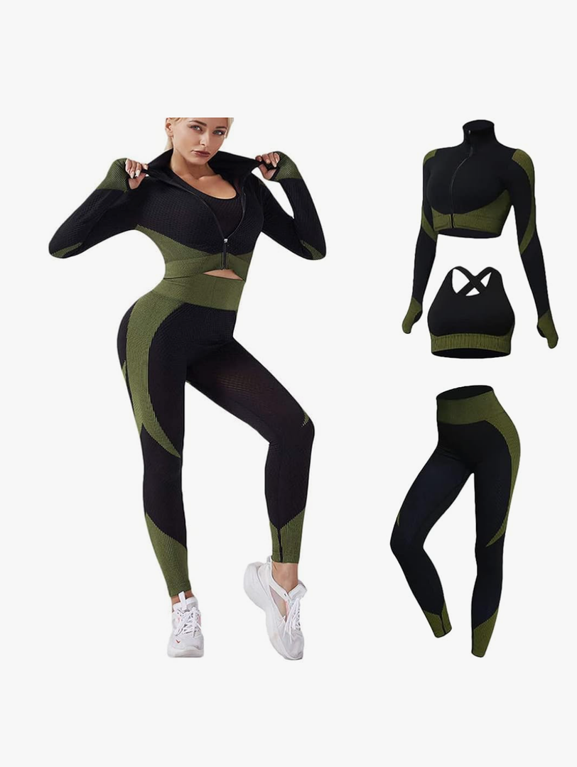 3pcs Seamless Outfit Workout Sets Gym for Women, Fitness Sports School Running Clothes Yoga Sportswear Size L