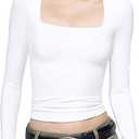 PUMIEY Women's Square Neck Long Sleeve T Shirts Slim Fit Tops Basic Tee Smoke Cloud Pro Collection S, White