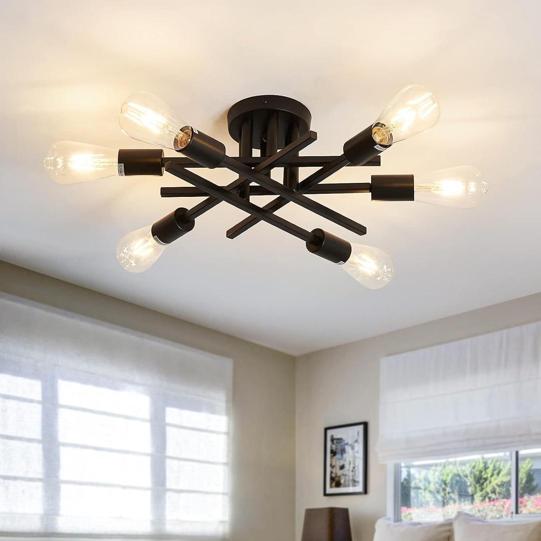 ASGYISA Semi Flush Mount Modern Ceiling Light Fixture 6 Lights Black Vintage Matte Sputnik Chandelier Ceiling Lamp with E26 Bulb Base for Farmhouse Dining Room Living Room Bedroom Study Kitchen