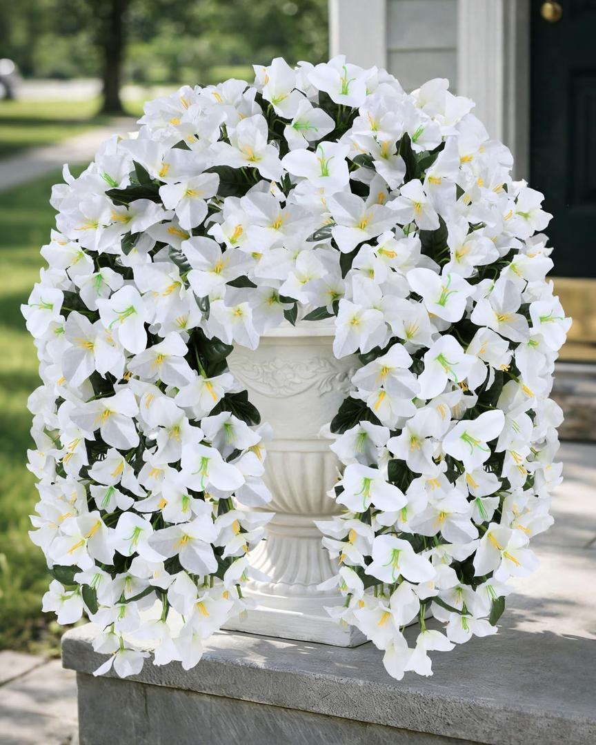 Artificial Flowers for Outdoors 2 Bundles of UV-Resistant Artificial Bougainvillea, Realistic Silk Flowers for Front Porch, Patio, Garden, Window Boxes & Hanging Baskets (White, 2)