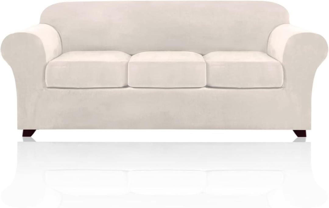 PrinceDeco Velvet Couch Covers for Sofa Soft 4 Pieces Couch Covers for 3 Cushion Couch Sofa Pet Friendly Furniture Protector with Non Slip Elastic Bottom Width Up to 90 Inch (Large, Ivory)